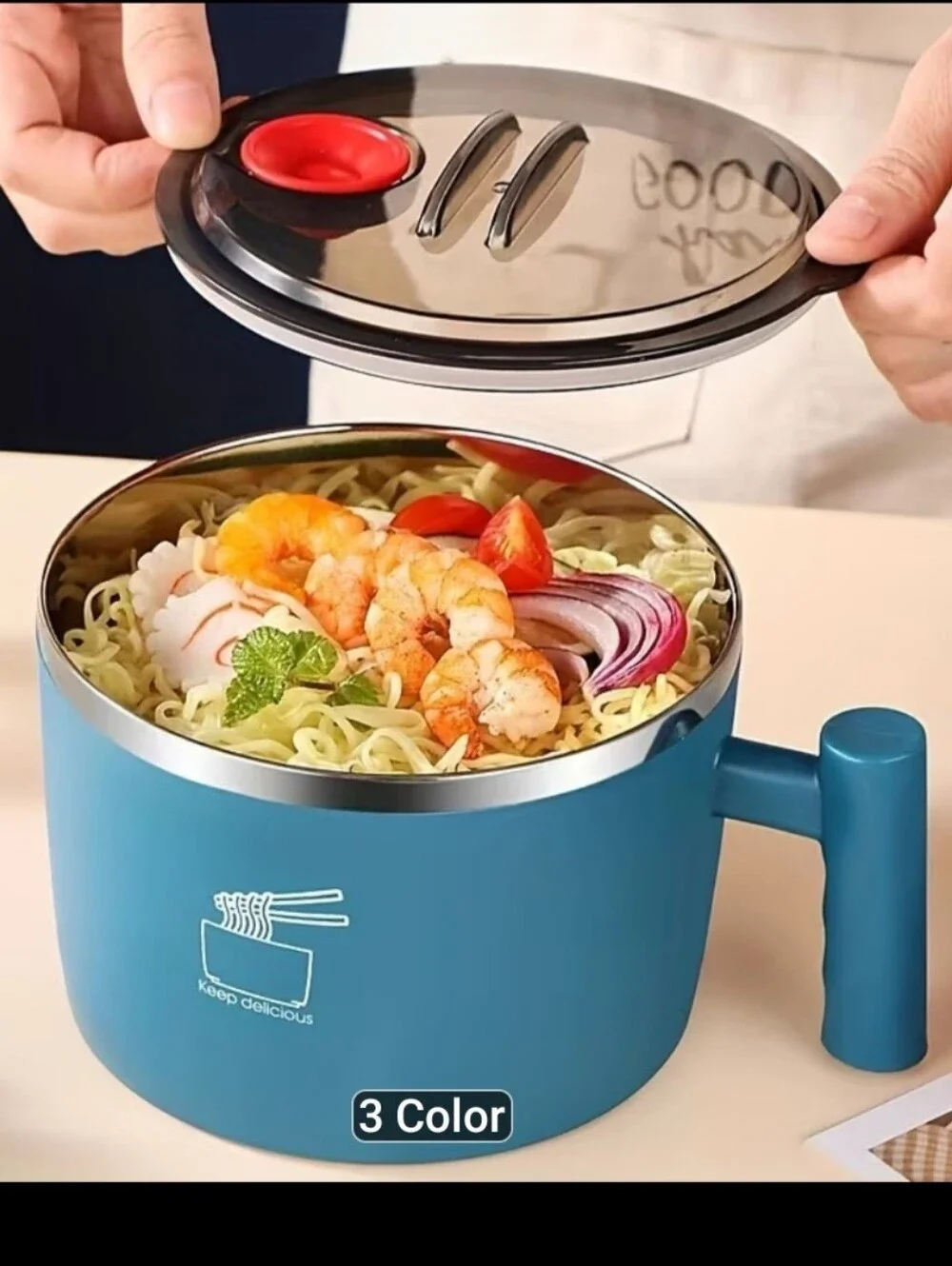 Blue Stainless Steel Noodle Bowl with Handle and Steam Vent
